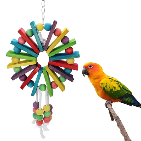 Parrot Hanging Chew Toy Bird Bite Swing with Colorful Wood Beads Bells for Parrot Macaw African Greys Cockatiels Cage Accessories.