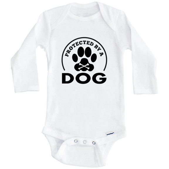 Protected By A Dog Funny One Piece Baby Bodysuit (Long Sleeve), 6-9 Months White