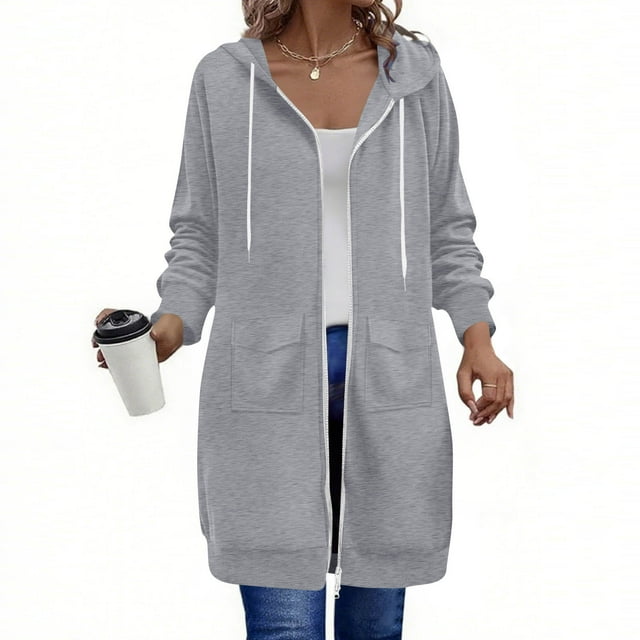 Wensltd Women's Long Black Jackets Zipper Hooded Sweatshirts Long Sleeve Tops for Spring Fall