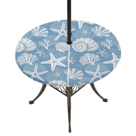 Round Outdoor Tablecloth with Umbrella Hole and Zipper, Starfish Blue Coastal Tablecloth with Elastic Waterproof, Summer Nautical Shell Beach Patio Table Covers for 31" - 35" Picnic Pool Tables