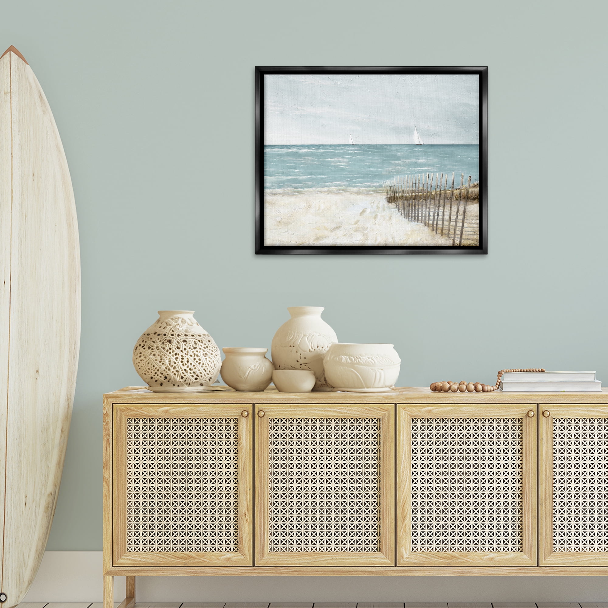 Stupell Industries Beach Footprints & Fence Nautical & Beach Painting Black Floater Framed Canvas Art Print Wall Art, 31 x 25