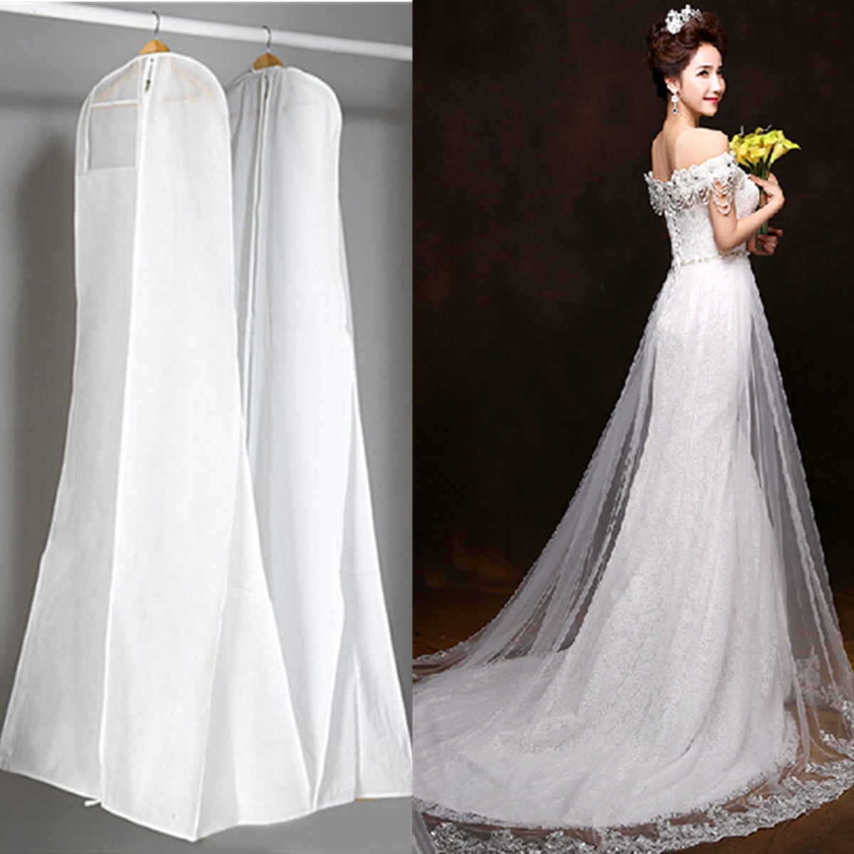 Hoesh 72" Bridal Wedding Dress Carry Cover Wooden Bar Support Garment Dress Bags 