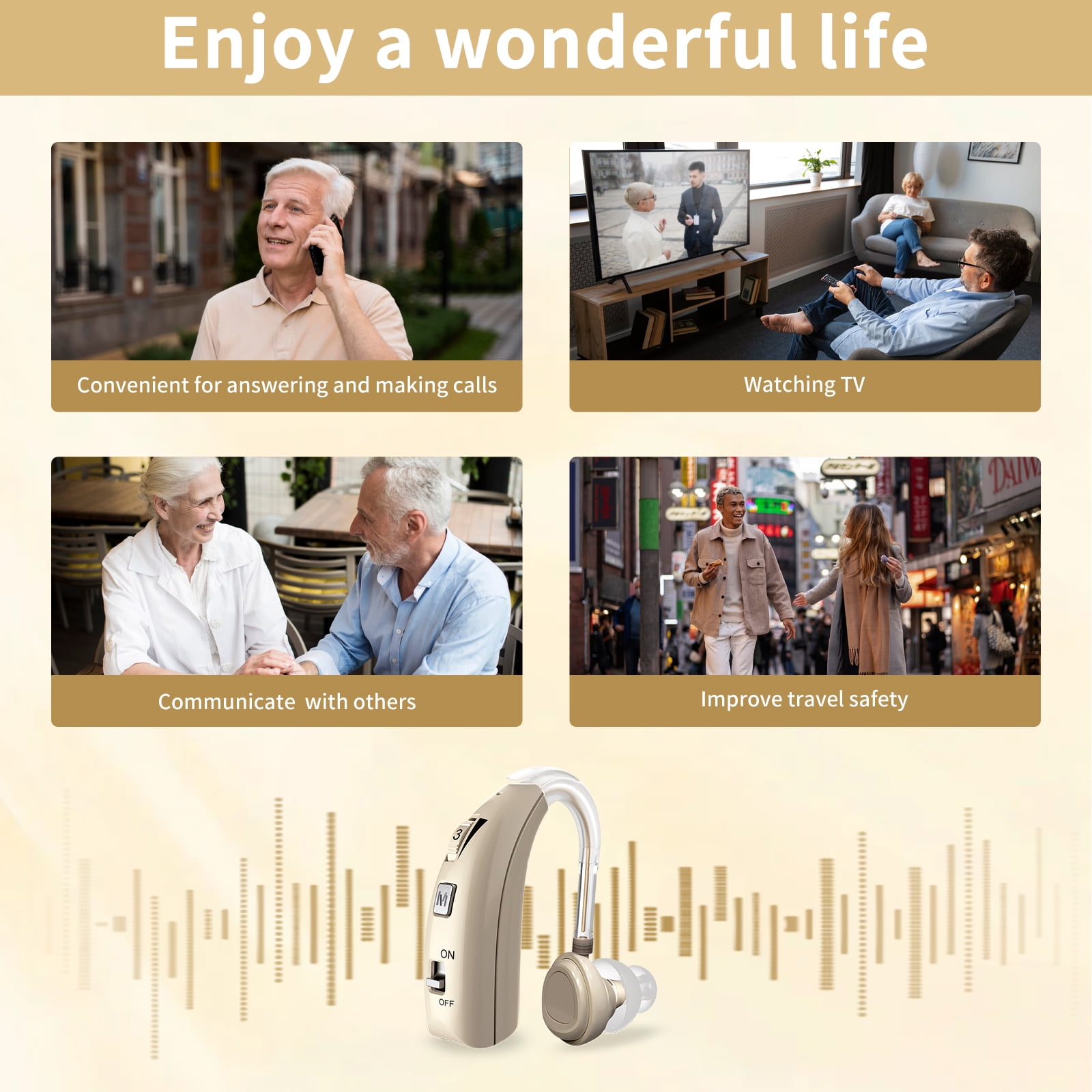 ELCTRTICI Hearing Aids for Seniors, Rechargeable Hearing Aid With Noise Cancelling and Volume Control,2 Frequency Modes,VHP-1303 Single,Gold