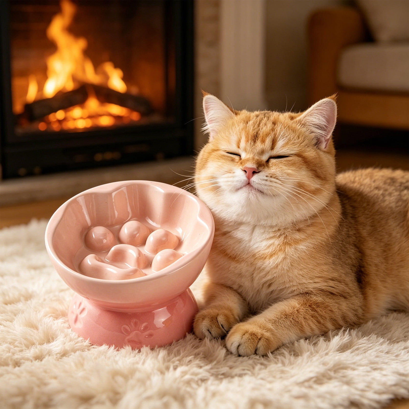 Tuvgenk Cat Bowl Dog Bowl Slow Feeder Raised Frame Stable Base Slant Mouth Relieve Eating Pressure Support Natural Neck Posture