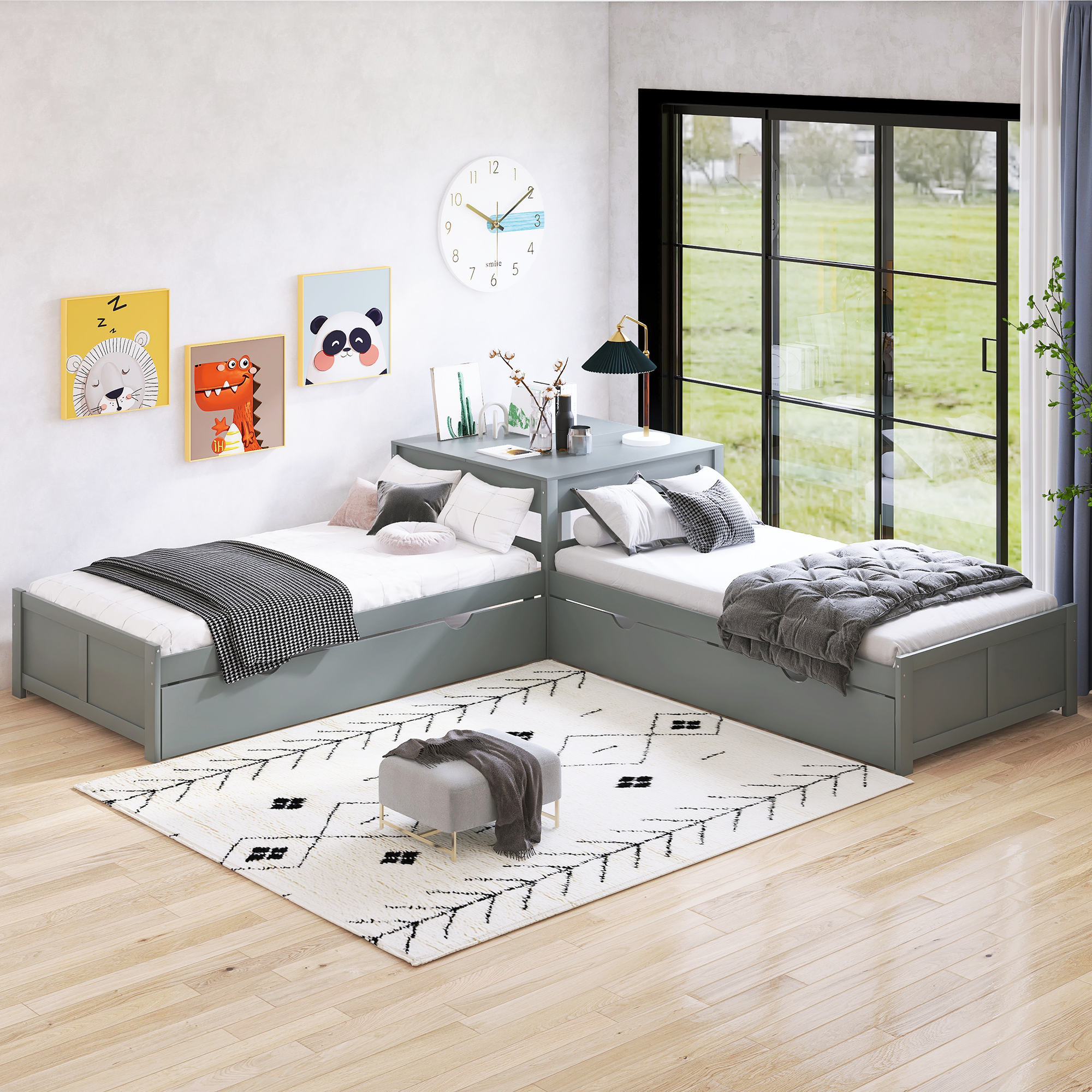 LShaped Platform Beds with Trundle and Storages, Wooden Twin Size