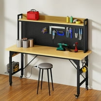 ModFusion 63" Metal Workbench with Pegboard, Hooks & Power Strip, Wood Top for Garage