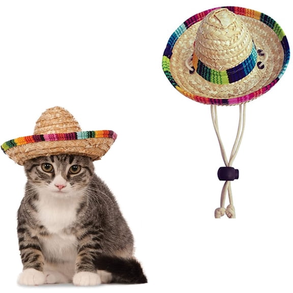 Funny Mexican Pet Straw Sombrero Hat, Adjustable Colorful Woven Mini Party Hat, Small Size Costume Accessory for Puppy Kitten Small Dogs Cats, Cinco De Mayo Fiesta Birthday Photo Prop