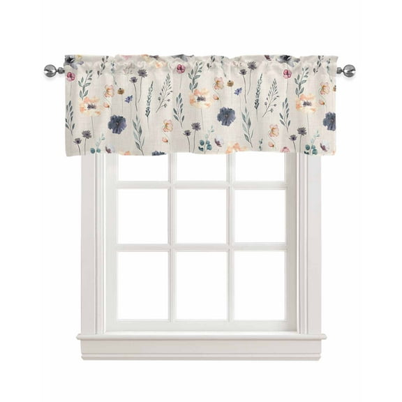 Spring Floral Linen Curtain Valance for Bedroom/Bathroom/Kitchen/Office/Living/Dining Room Window,Watercolor Botanical Summer Flowers Rustic Rod Pocket Topper Decorative Cafe Drapes Panel 42"x18"