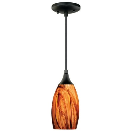 Mini Pendant Light - Bronze Ceiling Light with Amber Fire Glass Shade