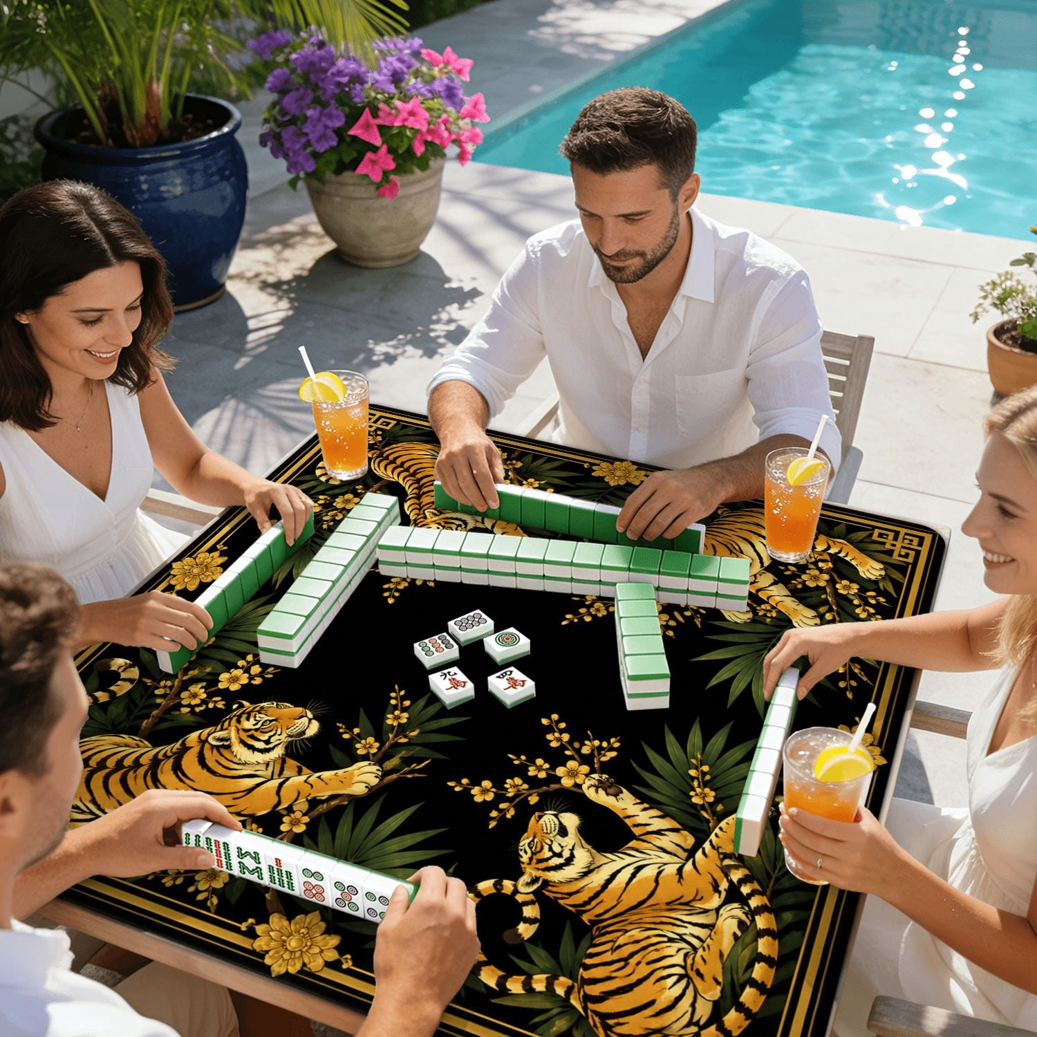 Mahjong Mat 31.5" x 31.5" Golden Tigers Tropical Leaves Blossoms Black Non-Slip Noise Reduction American Mahjong Tiles Table Cover for Dominoes Poker Card Board Games Gift