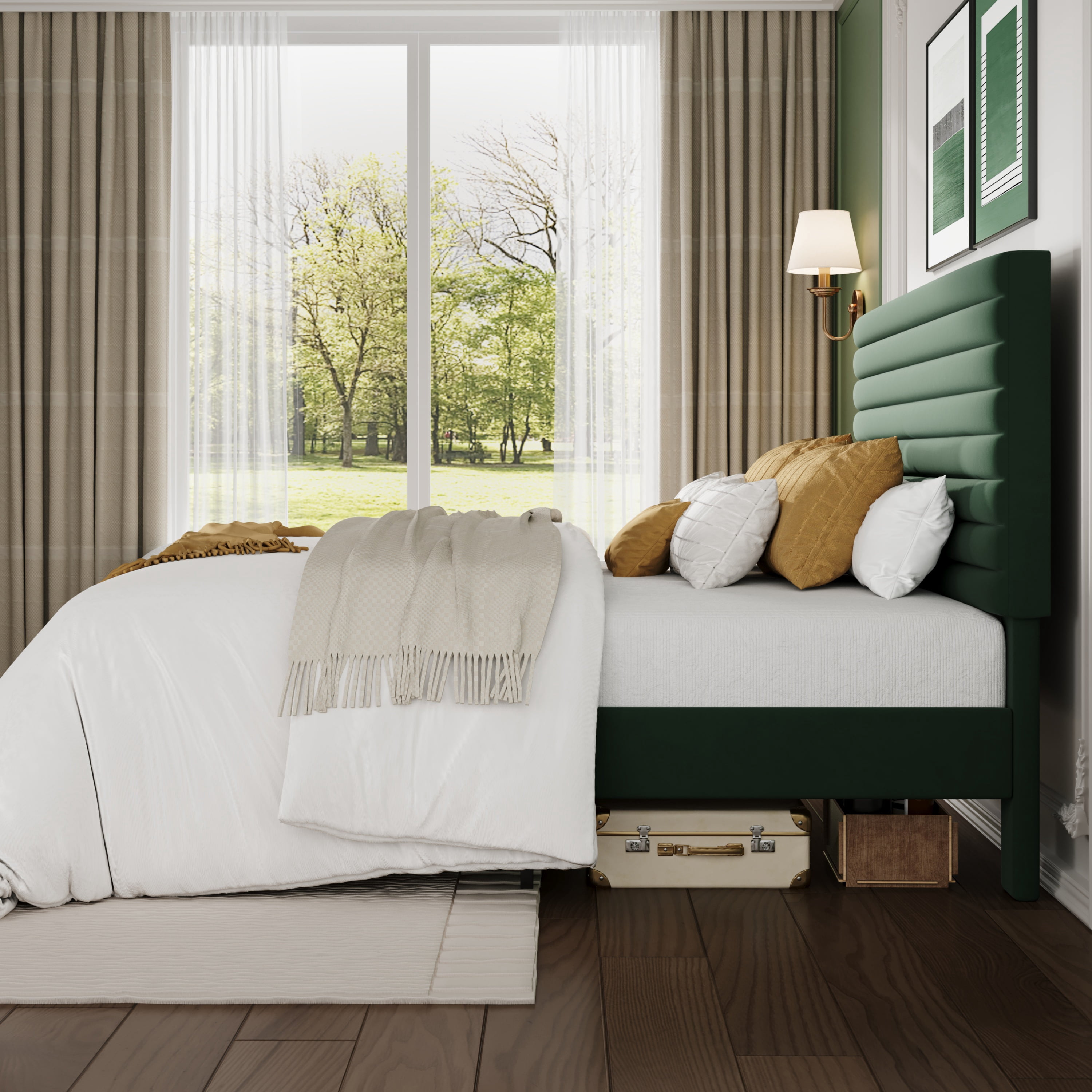 Sha Cerlin Queen Size Platform Bed Frame with Velvet Adjustable Headboard, No Box Spring Needed, Green