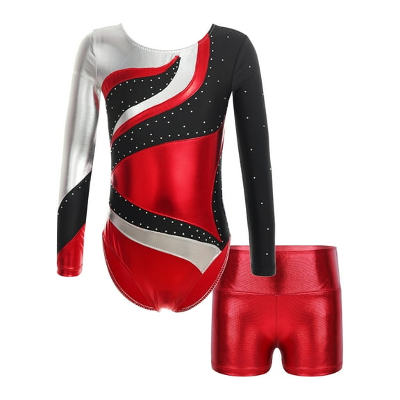 MSemis Kids Girls Shiny Metallic Gymnastics Leotard with Athletics Shorts Red 8