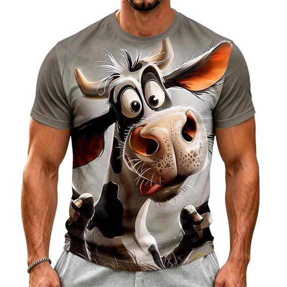 LILIYA Mens Cow Graphic T Shirt Geometric Printed Crew Neck Short Sleeve Casual Streetwear Fashion Tee Lightweight Daily Outfit Top