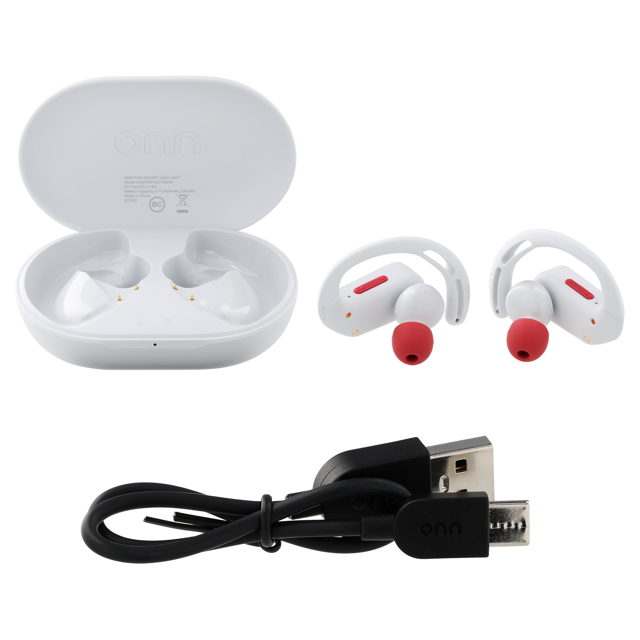 onn Wireless Sport Earbuds with Comfort Grip Ear Hooks, White