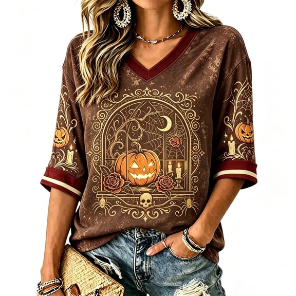 ZCNKMX Halloween Shirt for Women 3/4 Sleeve T-Shirt Spooky V-Neck Pumpkin Spider Rose "Window Pumpkin" Graphic Tee Fall Top for Party Costume Brown S