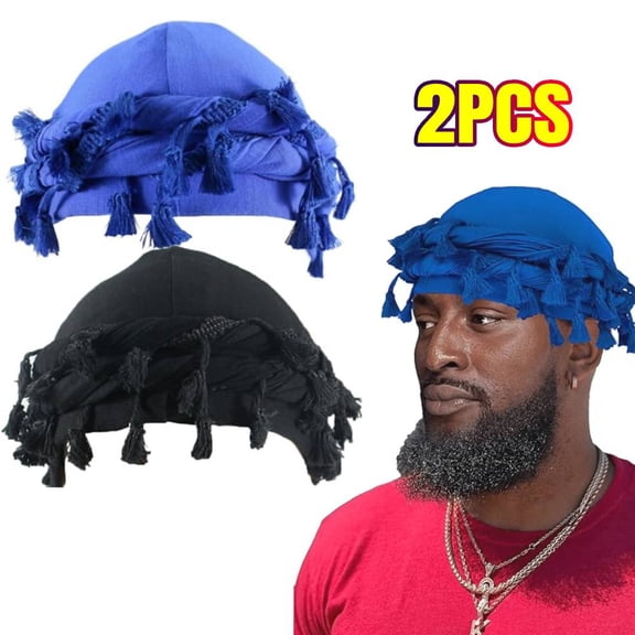 2PCS Satin Lined Turban for Men, Vintage Twist Head Wraps Durag, Pre-Tied Tassel Shemagh Halo Turban (BLACK, BLUE)