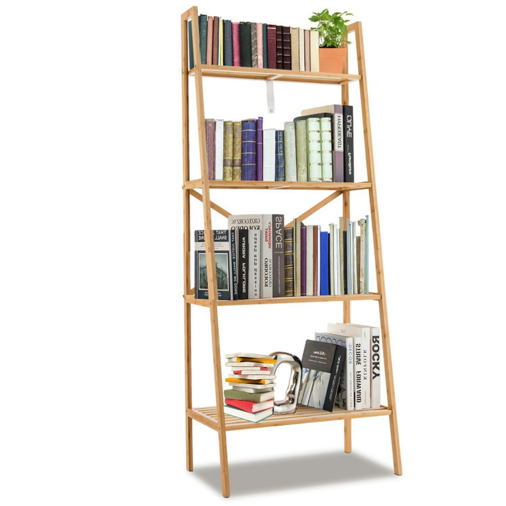 Demi Bonn 4-Tier Bamboo Ladder Bookshelf, 58" Bamboo Bookcase Storage Stand Rack, Beige