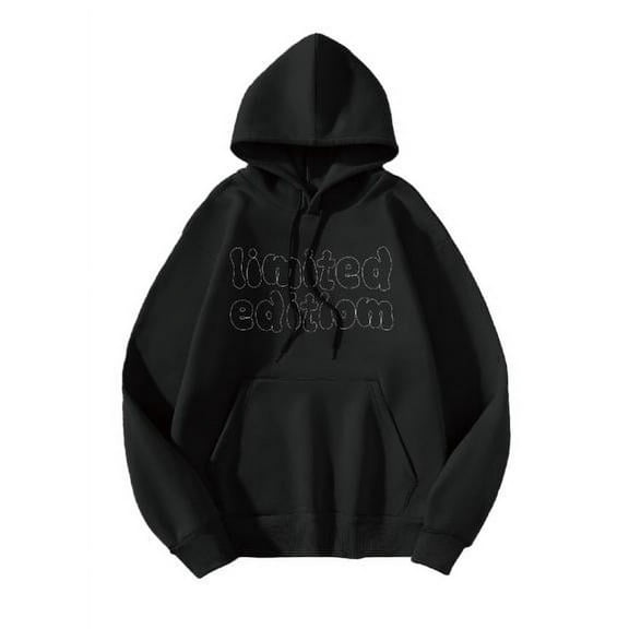 Whichone Hoodies for Men Letter Graphic Print Long Sleeve Sweatshirt Tops Mens Daily Wear Black L