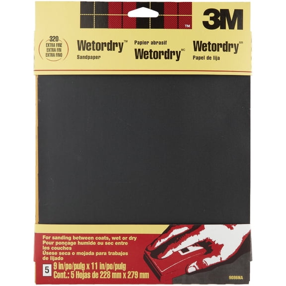 3M Waterproof Silicon Carbide Sandpaper - 320 Grit - 5 Pack, 9" x 11"