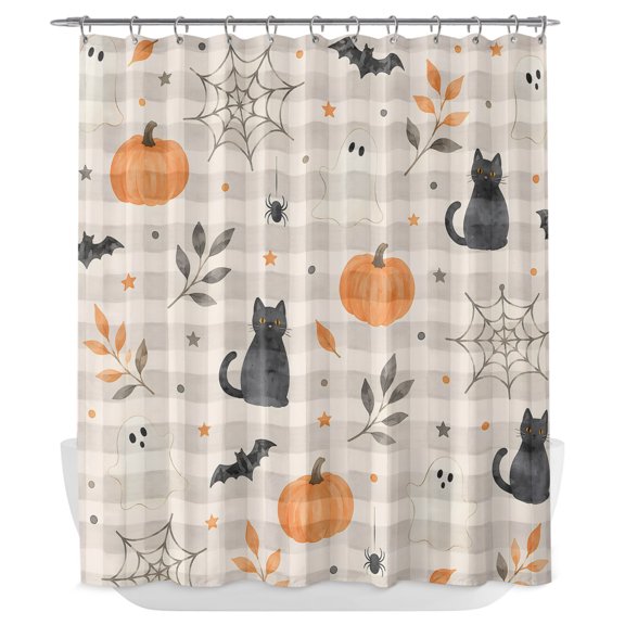 Halloween Shower Curtain - Water Repellent Fabric Shower Curtains Washable, Funny Ghost Black CAt Pumpkins Spi-der Plaid Decorative Polyester Cloth Bathroom Curtains Modern Bath Decor 72"x84"