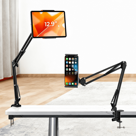 TIKBBRMG Adjustable Tablet Phone Holder for Desk Bed, Adjustable Tablet Phone Stand for Bed, Flexible Tablet Arm Clamp Compatible with iPhone 17 16 15 Pro iPad Kindle Galaxy Tab 4.7-12.9 Inch