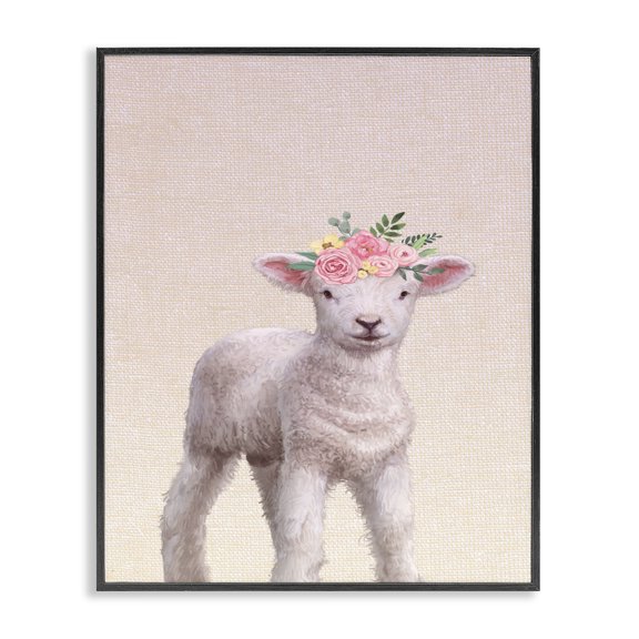 Stupell Industries Farmhouse Baby Lamb with Floral Crown Black Framed Giclee Art, 11 x 14, by Ziwei Li