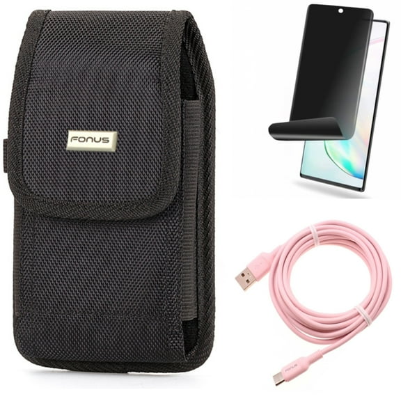 Case Belt Clip & 10ft Long USB-C Cable & Privacy Screen Protector for Samsung Galaxy Note 20 (6.7") - Combo with Rugged Holster & Pink Charger Cord & TPU Film Anti-Peep