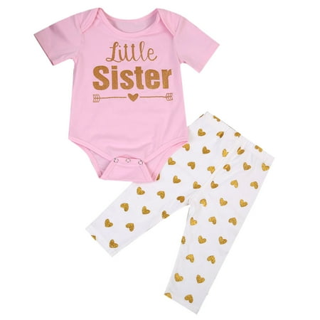 

Little Girls 2PCS Matching Set Short Sleeve Round/Envelope Neck Letter Top/Romper Long Elastic Band Heart Printed Pants