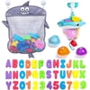 Comfylife Baby Bath Toy Organizer - Bath Toy Storage for Shower - Bathtub Toy Organizer Includes Foam Bath Toys (Numbers & Letters & Squirty Toys) + Extra Net That Doubles as a Toy