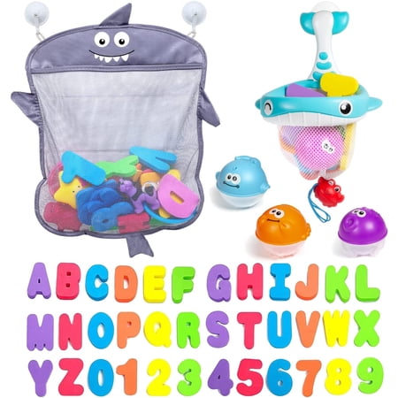 Comfylife Baby Bath Toy Organizer - Bath Toy Storage for Shower - Bathtub Toy Organizer Includes Foam Bath Toys (Numbers & Letters & Squirty Toys) + Extra Net That Doubles as a Toy