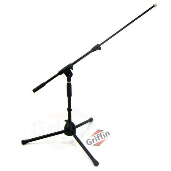 Short Microphone Stand with Boom Arm by Griffin Low Profile Tripod Mic Stand Mount for Kick Bass Drum, Studio Desktop Recording, Singing, & Guitar Amplifiers Small Height Telescoping Boom Holder