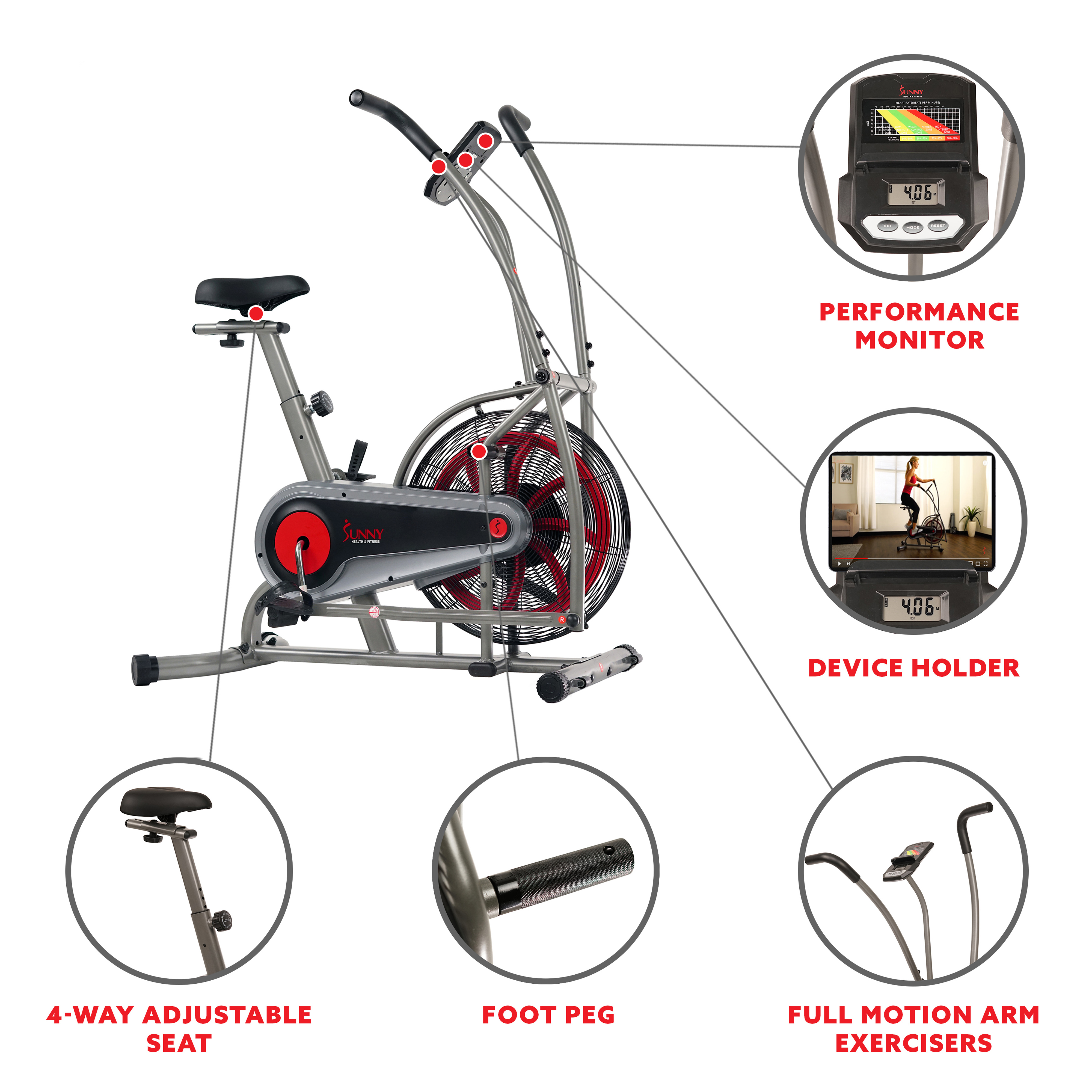 Sunny Health & Fitness Stationary Motion Fan Air Bike Exercise Machine, Indoor Home Cycling Trainer Static Bicycle, SF-B2916 - image 3 of 8