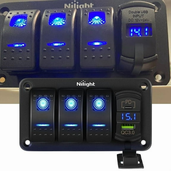 Nilight 3 Gang Rocker Switch Box 12V SPST ON Off Switch PD Type C and QC 3.0 USB Charger Voltmeter Waterproof Aluminum Rocker Switch Panel DIY Stickers for Boats Cars RVs Trucks,Blue