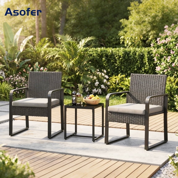 Asofer 3 Pieces Patio Bistro Wicker Chairs , All-Weather Outdoor Rattan Conversation Set with Glass Table for Lawn, Poolside, Porch,Gray