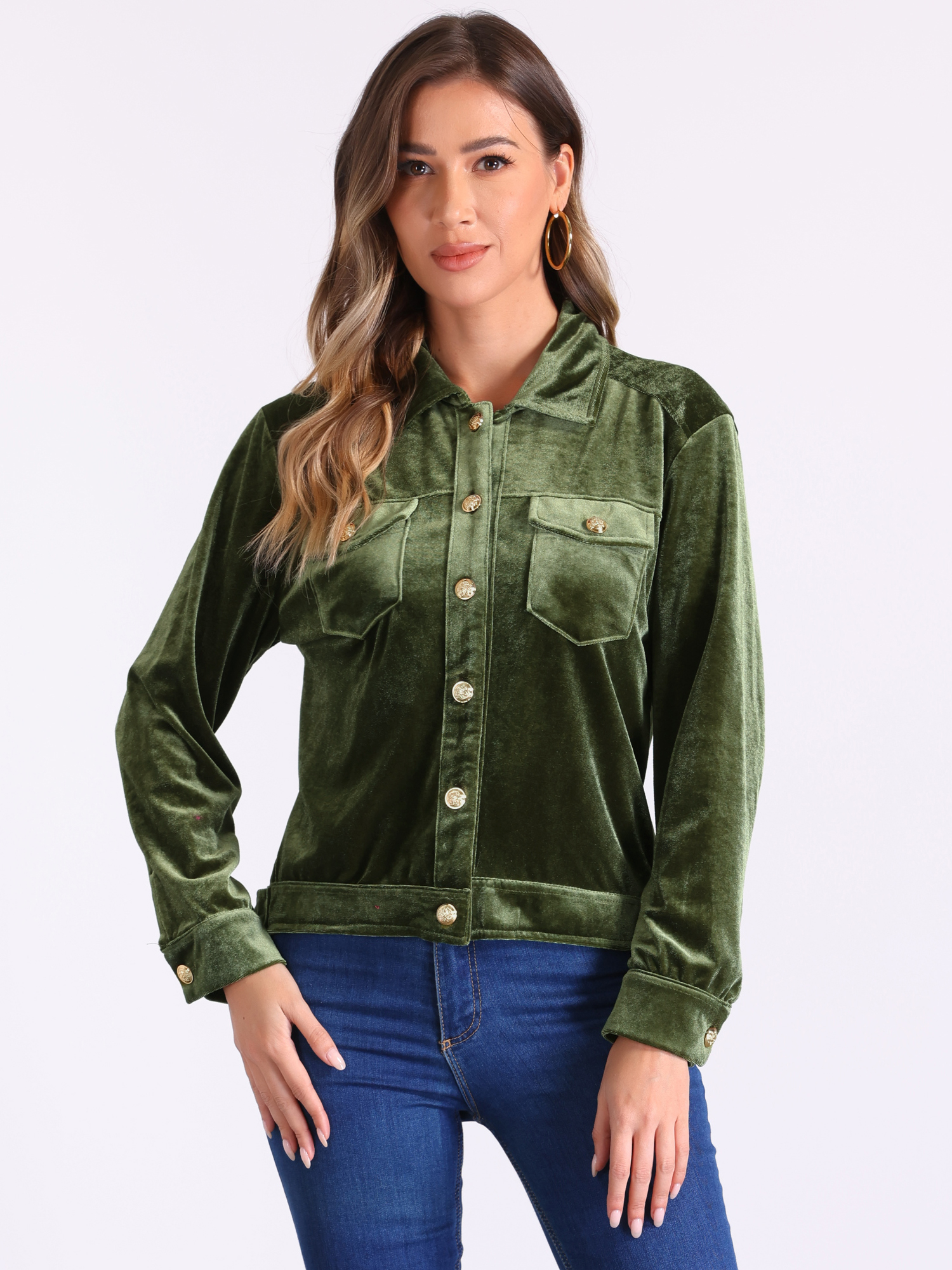 DARING DIVA Stylish Velvet Button-Up Long Sleeve Jacket S Army Green