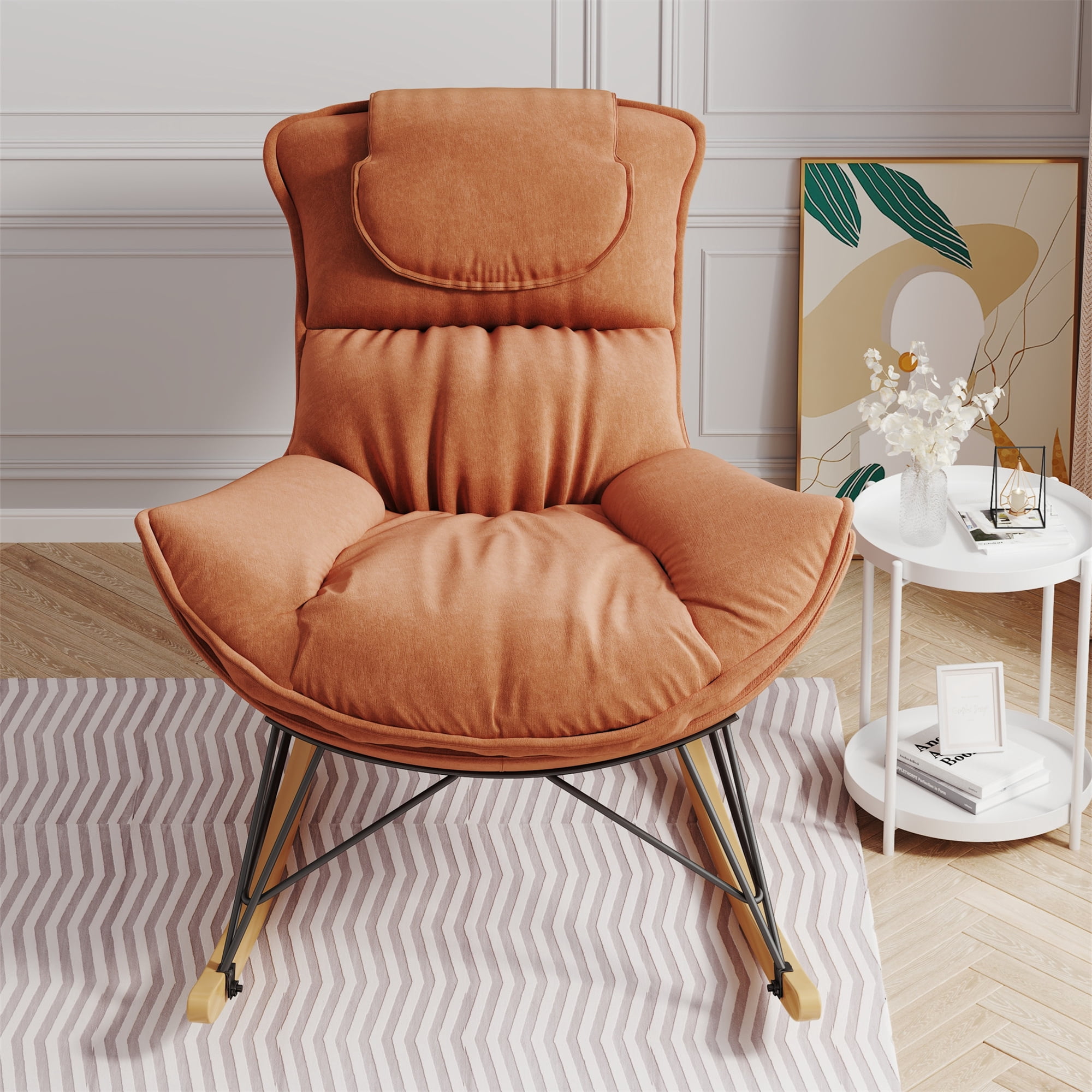 Aukfa Upholstered Rocking Chaise Lounge Chair for Home Office, Velvet, Brown