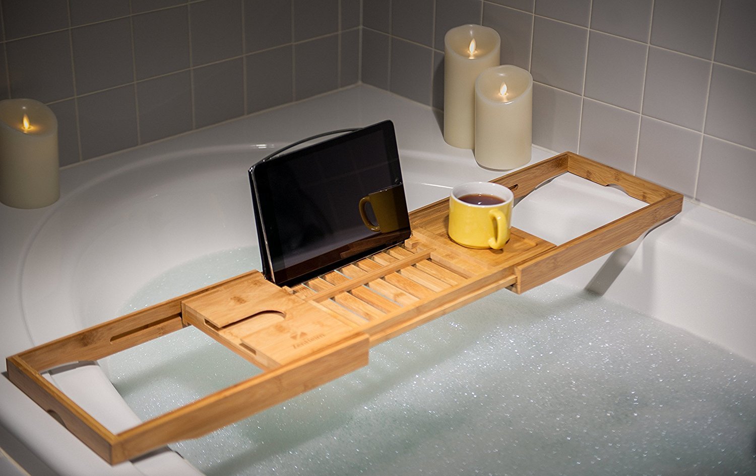 Natural Brown Bamboo Bathtub Caddy Bridge Shelf with Book or Tablet Stand Navaris Bed and Bath Tray Wooden Rack with Folding Legs