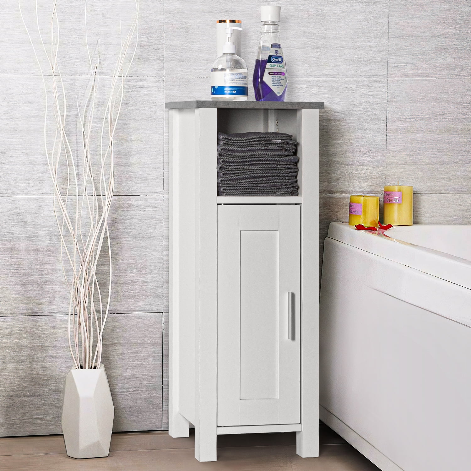 Kadyn Bathroom Single Door Floor Free-standing Storage Cabinet, Morden Bathroom Furniture Home Decor Cupboard, High Narrow Floor Tower Cabinet for Home, White
