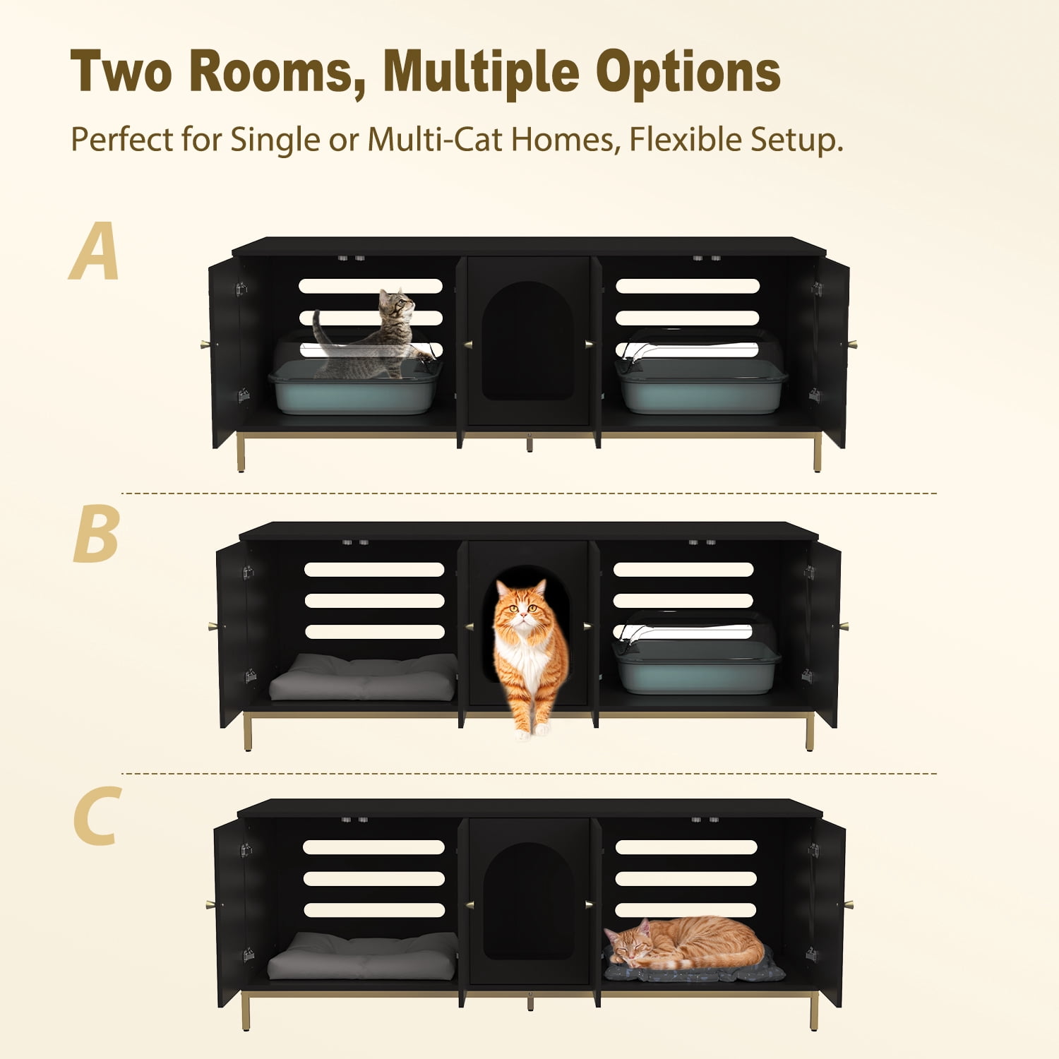 Cat Litter Box Enclosure for 2 Cats, Litter Box Furniture with Double Room, Central Entry, and Dual Use as TV Stand for Living Room, Black (Elevated Version)