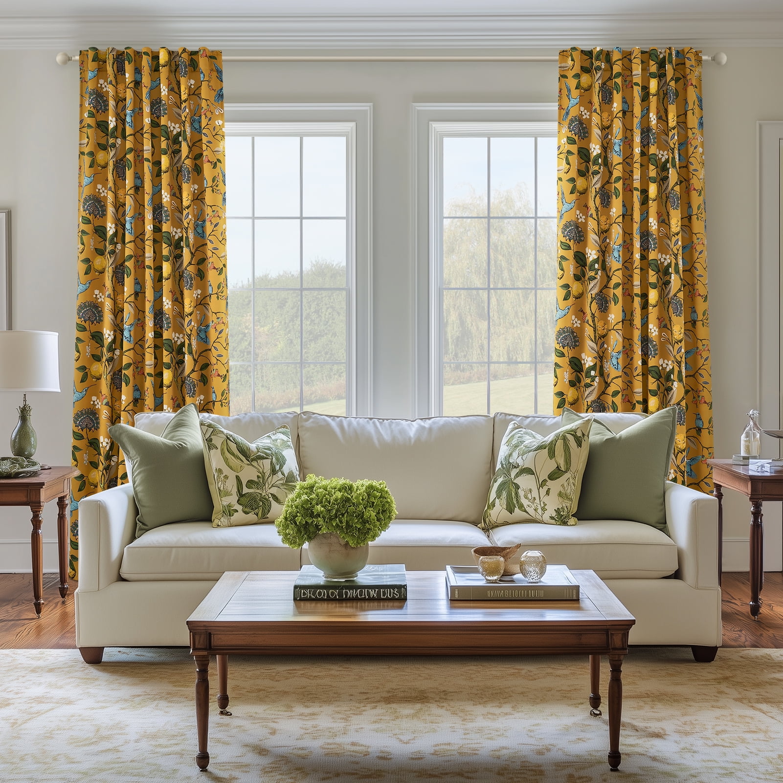 Topfinel Fancy Hummingbird Patterned Curtain,Mustard Yellow Curtains for Living Room, Thermal Insulated Blackout Curtains for Bedroom, Floral Vintage Lemon Curtains 96 inch Length 2 Panels Set