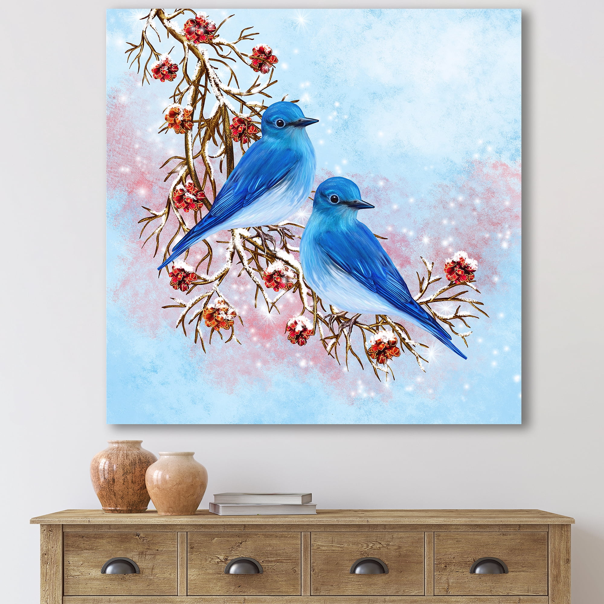 Designart ' Two Blue Birds Sitting On A Branch With Berries In Winter ' Traditional Canvas Wall Art Print