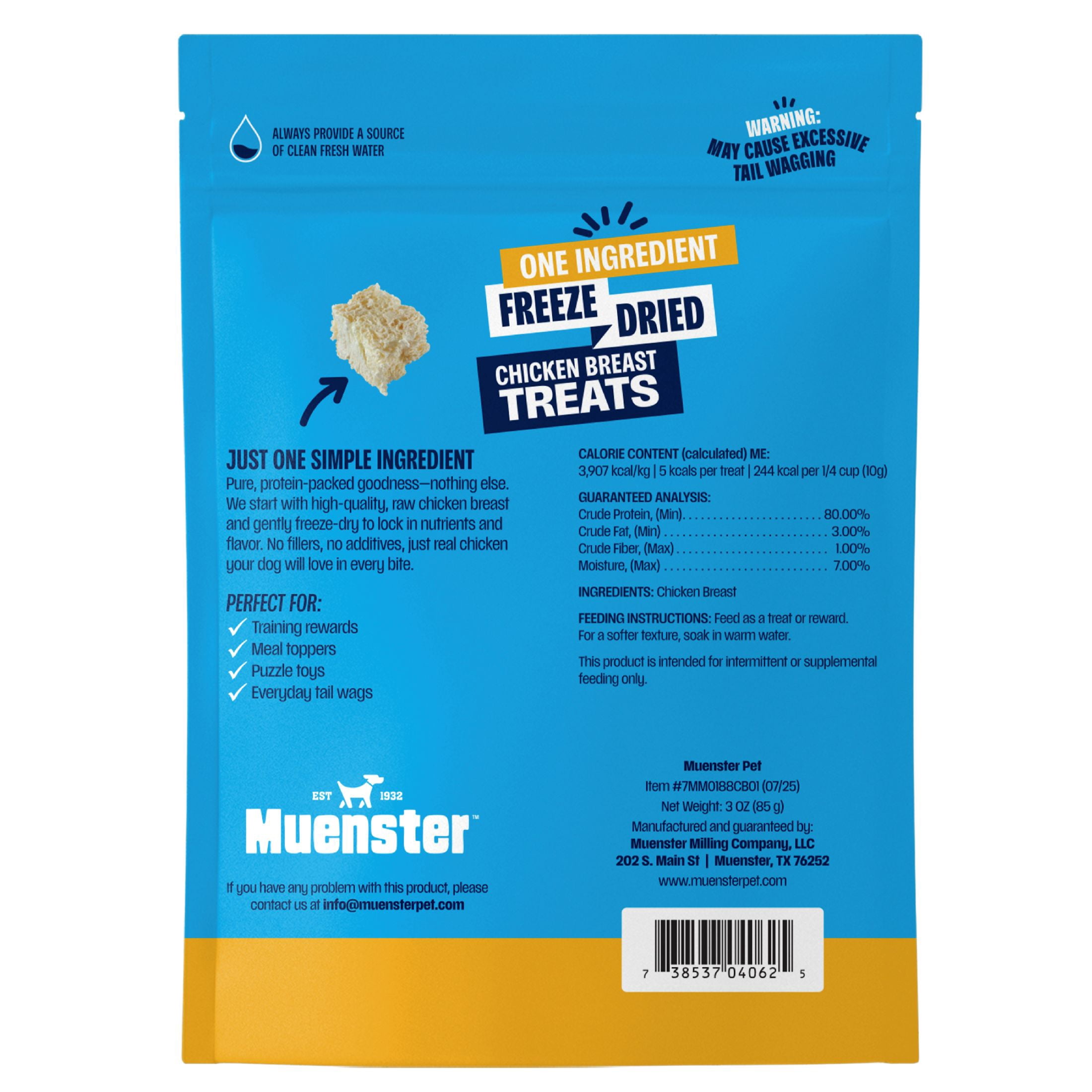 Muenster Freeze-Dried Chicken Breast Dog Treats, Single Ingredient High-Protein Dog Snacks, Grain-Free Training Treats, 3 oz Resealable Pouch