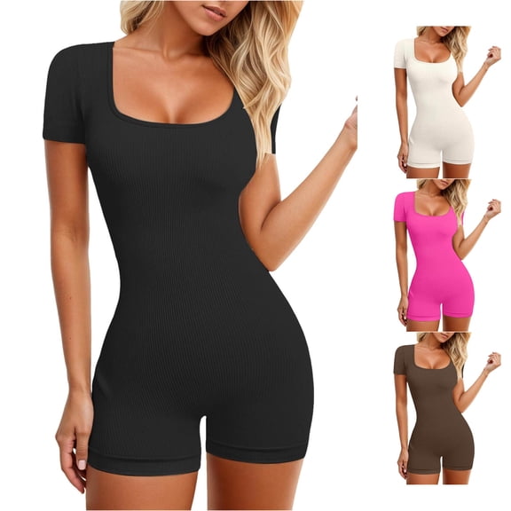 Trendfront Womens Mid Thigh Seamless Bodysuit Short Sleeve Scoop Neck Ribbed Texture Tummy Control Body Shaper Compression Romper