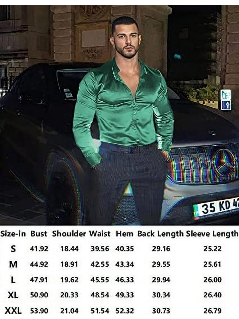 Mens Silk Shirts Long Sleeve-Luxury Shiny Silk Satin Party Dress Shirt  Button Up Casual Muscle Fit for Men(Emerald Green,M)