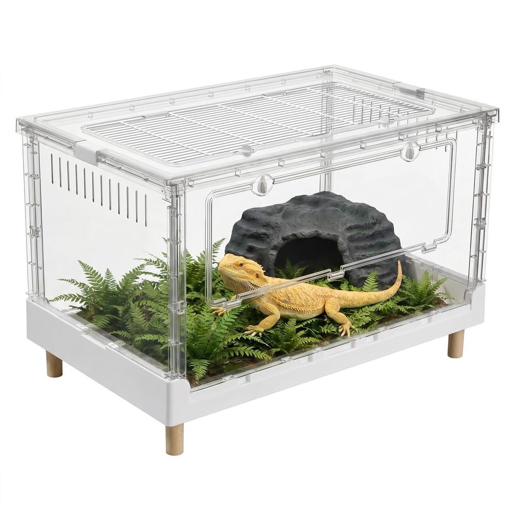 Foldable Reptile Terrarium 27"x18"x17", Clear Ventilation Reptile Habitat with Front Opening Door and Metal Mesh Roof for Bearded Dragons, Geckos, Snakes, Amphibians