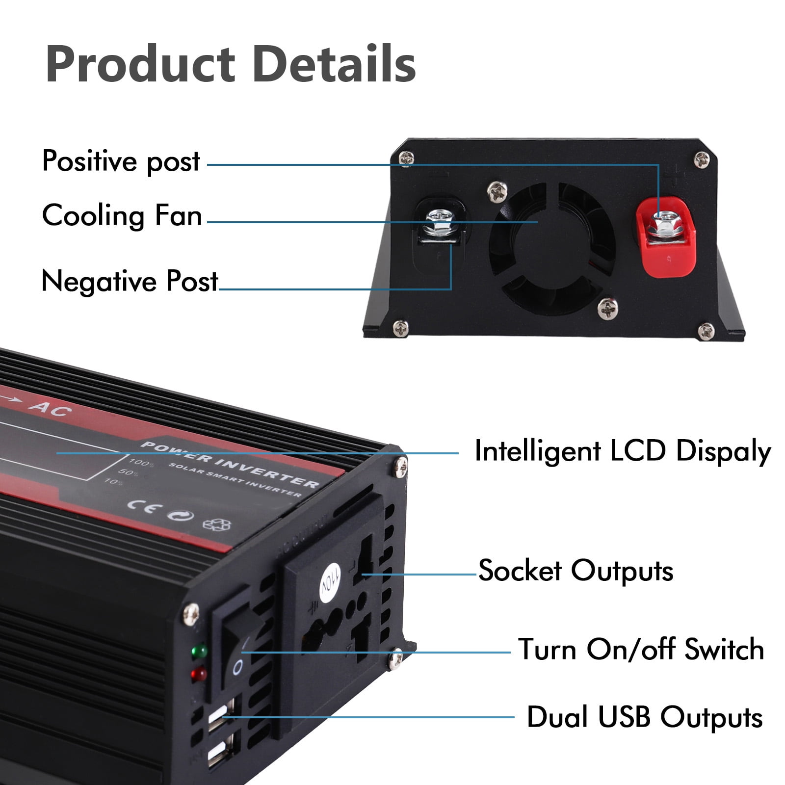 Power Inverter For Car 5000 Watts Surge Power 12V DC to 110V AC Modified Sine Wave, Power Converter for Vehicles and Outdoor Use with 3 USB Ports