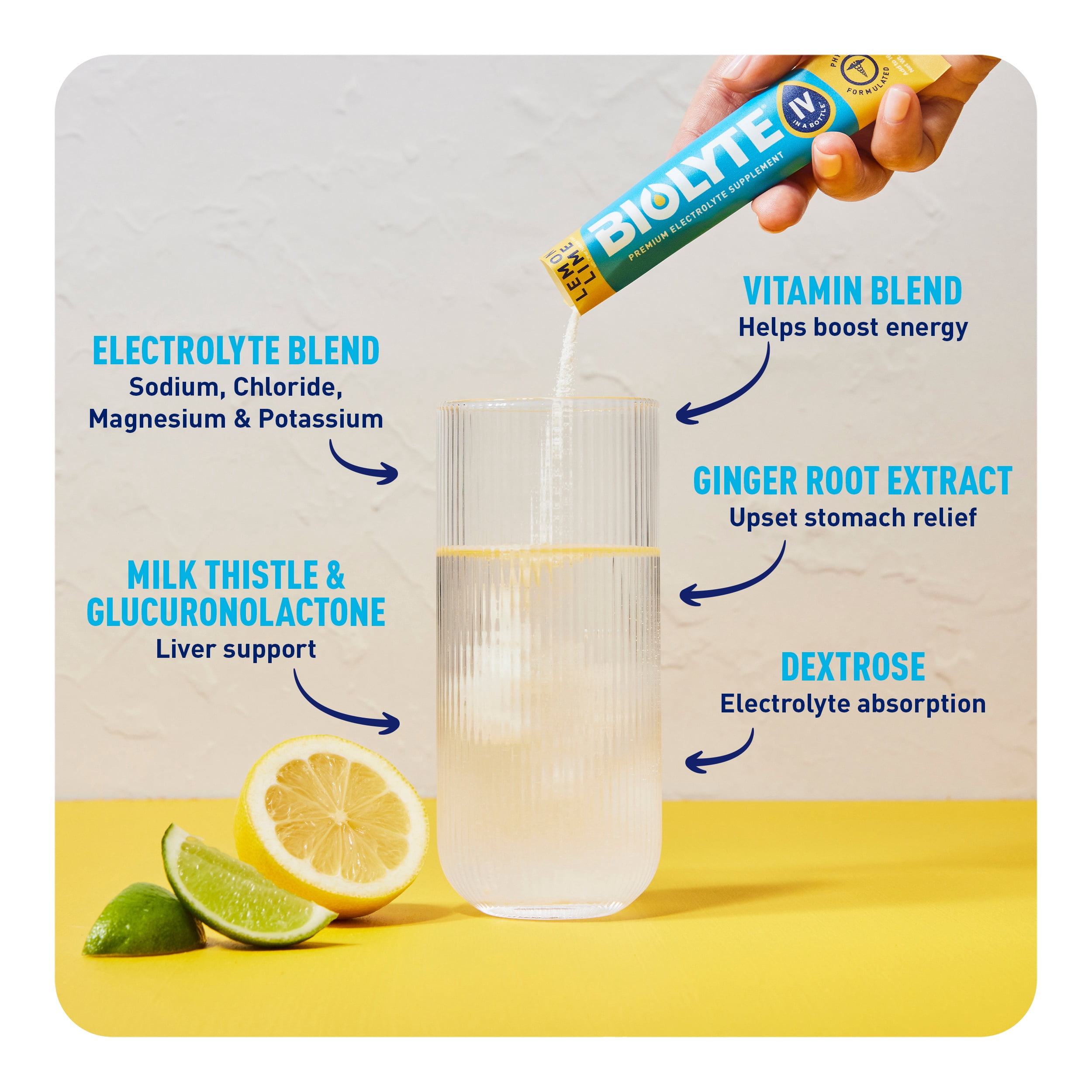 BIOLYTE Electrolyte Powder Packet Drink Mix for Rapid Hydration, Lemon Lime, 16 pack