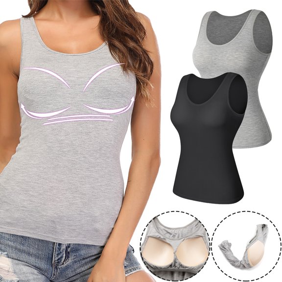 QRIC Tank Tops with Built in Bras for Women Wider Strap Stretch Camisoles Activewear of 2 Pack