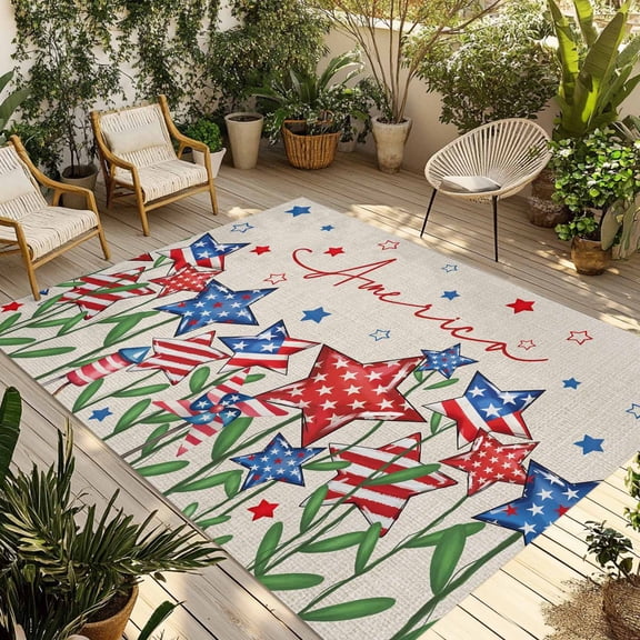 Independence Day Outdoor Rug for Patio/Deck/Porch, Non-Slip Large Area Rug 6 x 9 Ft, 4th of July Striped Stars Patriotic Burlap Indoor Outdoor Rugs Washable Area Rugs, Camping Rug Carpet Runner
