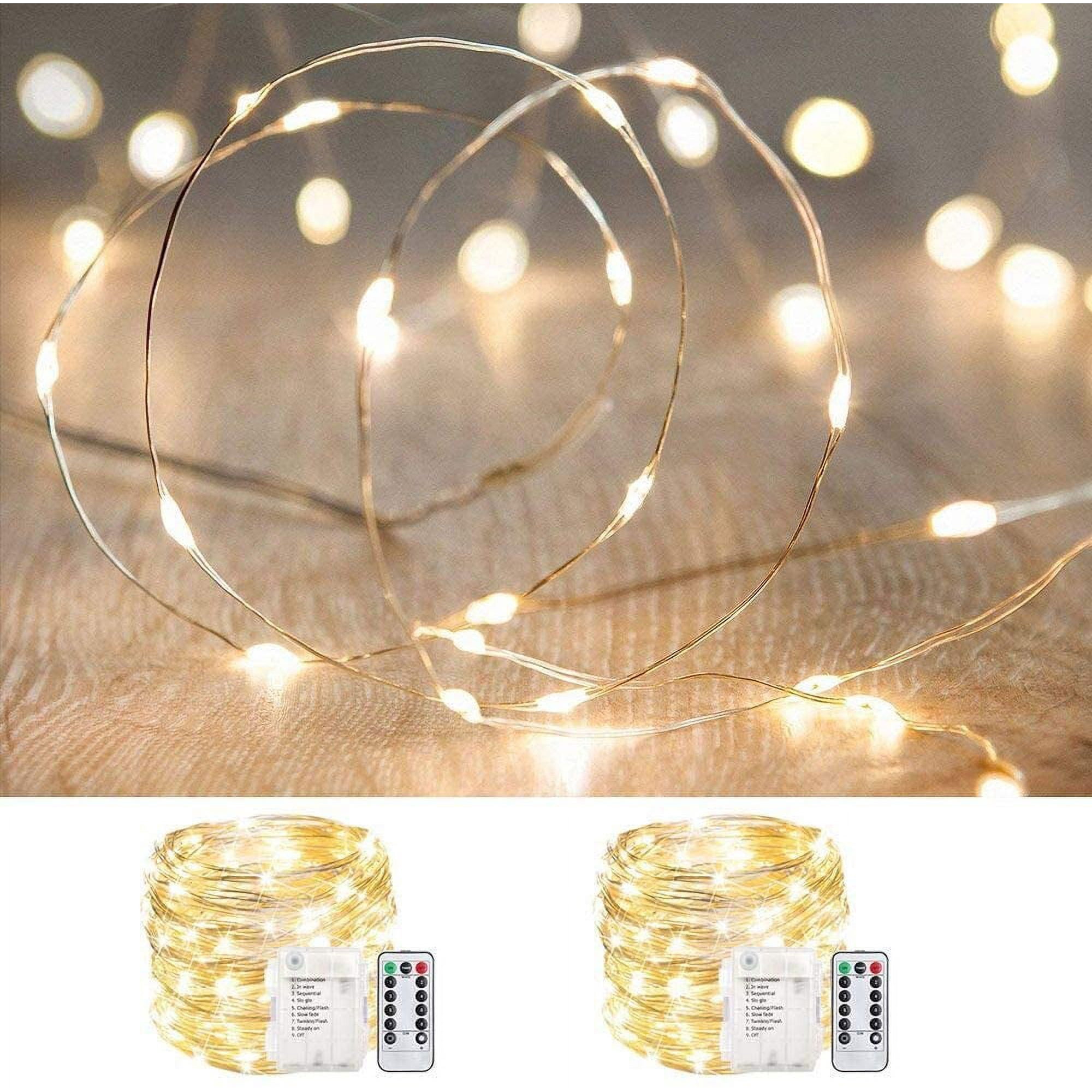 2 Pack 33ft 100 LED Christmas String Lights Battery Operated Waterproof Twinkle Fairy Lights Copper Wire Dimmable Firefly Lights with Remote Control Timer Warm White